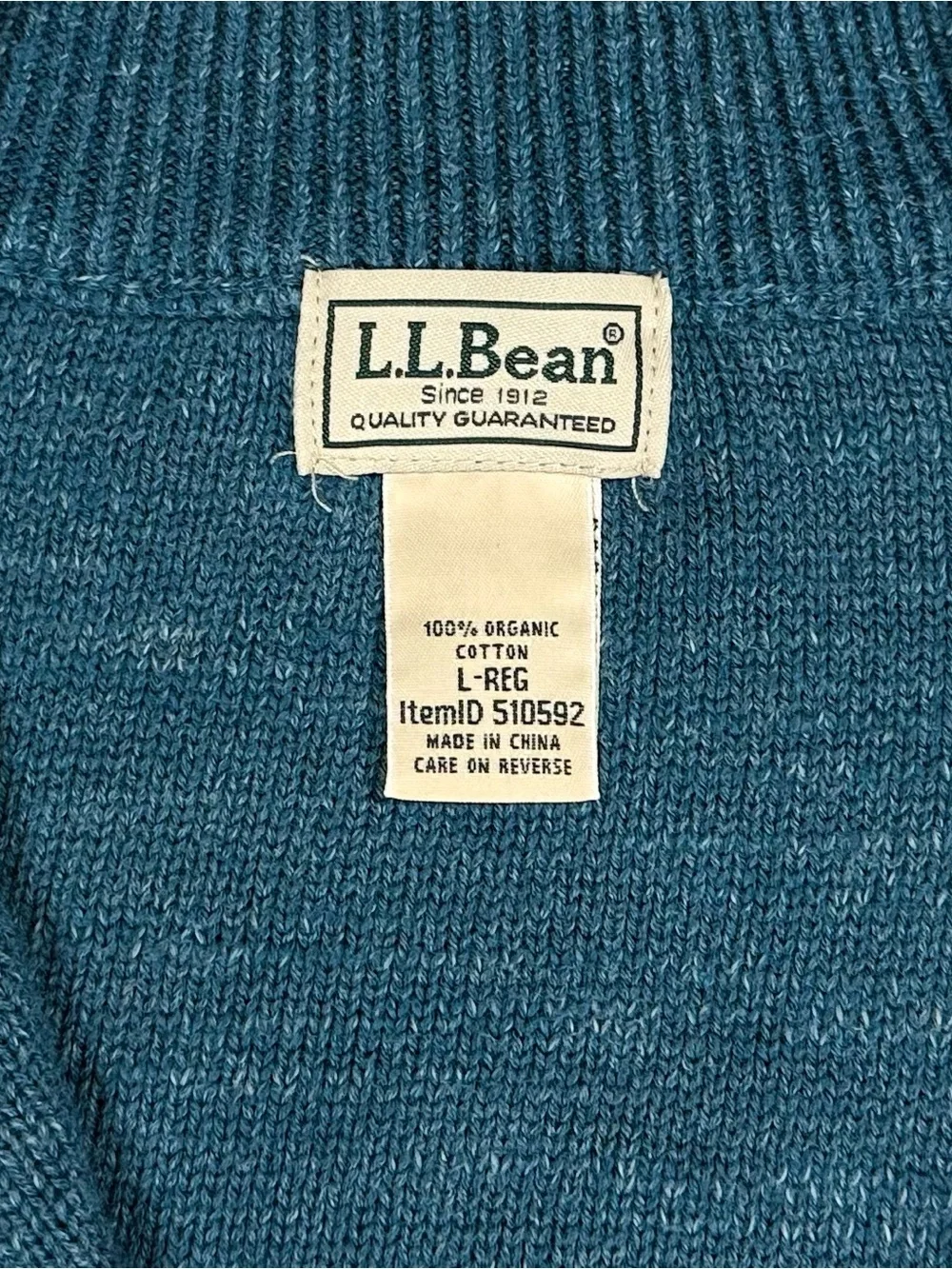 LL Bean 100% organic cotton cyan blue quarter zip knit sweater mens large‎